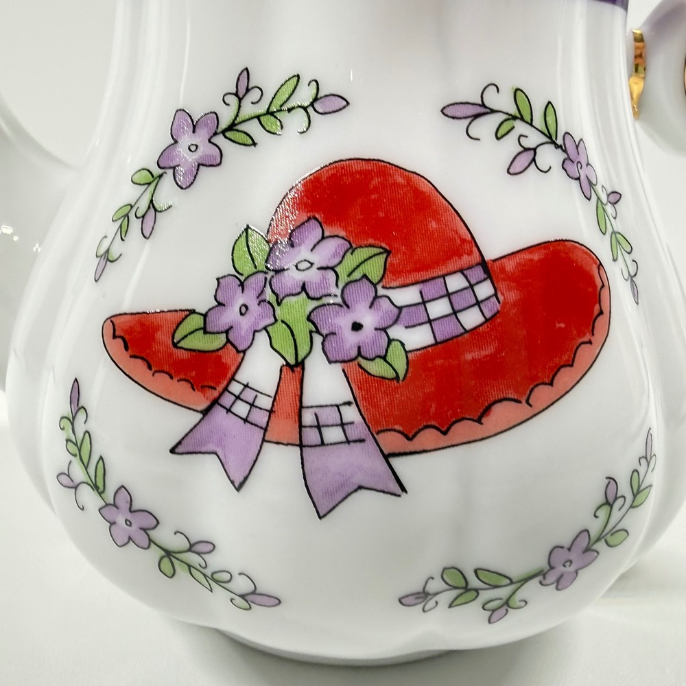 Vintage Teapot Red Hat Society Floral Purple Gold Trim Tea Party Decor Gift - Picture 6 of 11